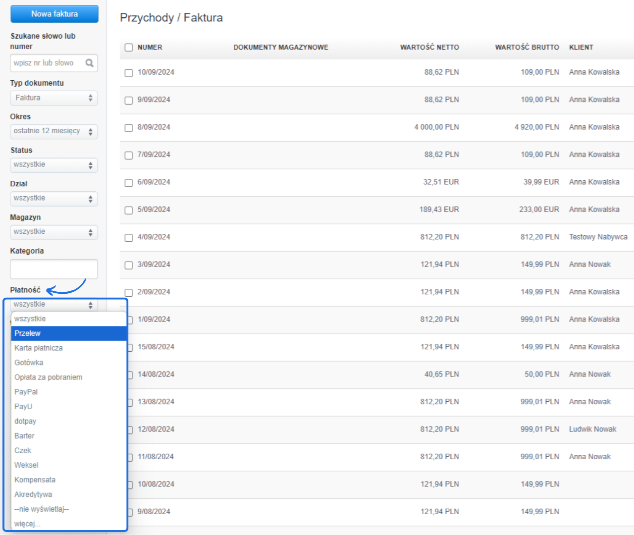 Lista faktur z możliwością filtrowania według rodzaju płatności, w tym przelew, karta płatnicza, gotówka, PayPal, PayU i inne opcje.
