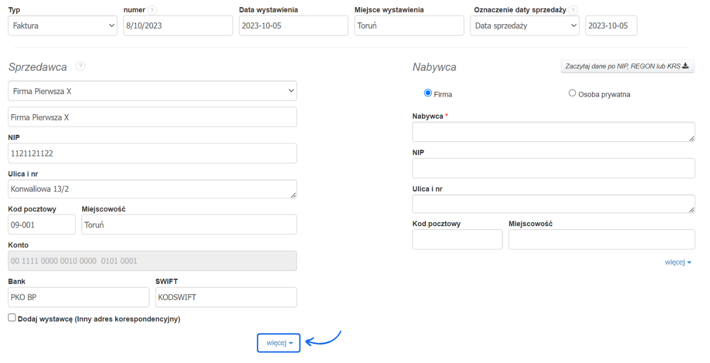 Pełne dane sprzedawcy na formularzu tworzenia faktury w systemie do fakturowania online z możliwością rozwinięcia dodatkowych pól.