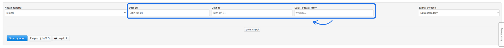 Ekran generowania raportu klientów w systemie księgowym z ustawionym zakresem dat od 2024-06-01 do 2024-07-31.