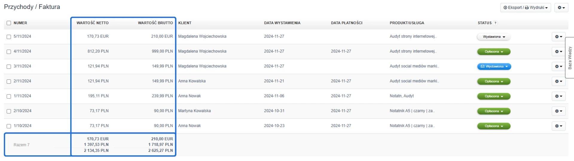 Lista faktur w module przychody z podsumowaniem wartości netto i brutto w PLN i EUR, obejmująca różne waluty i statusy dokumentów.