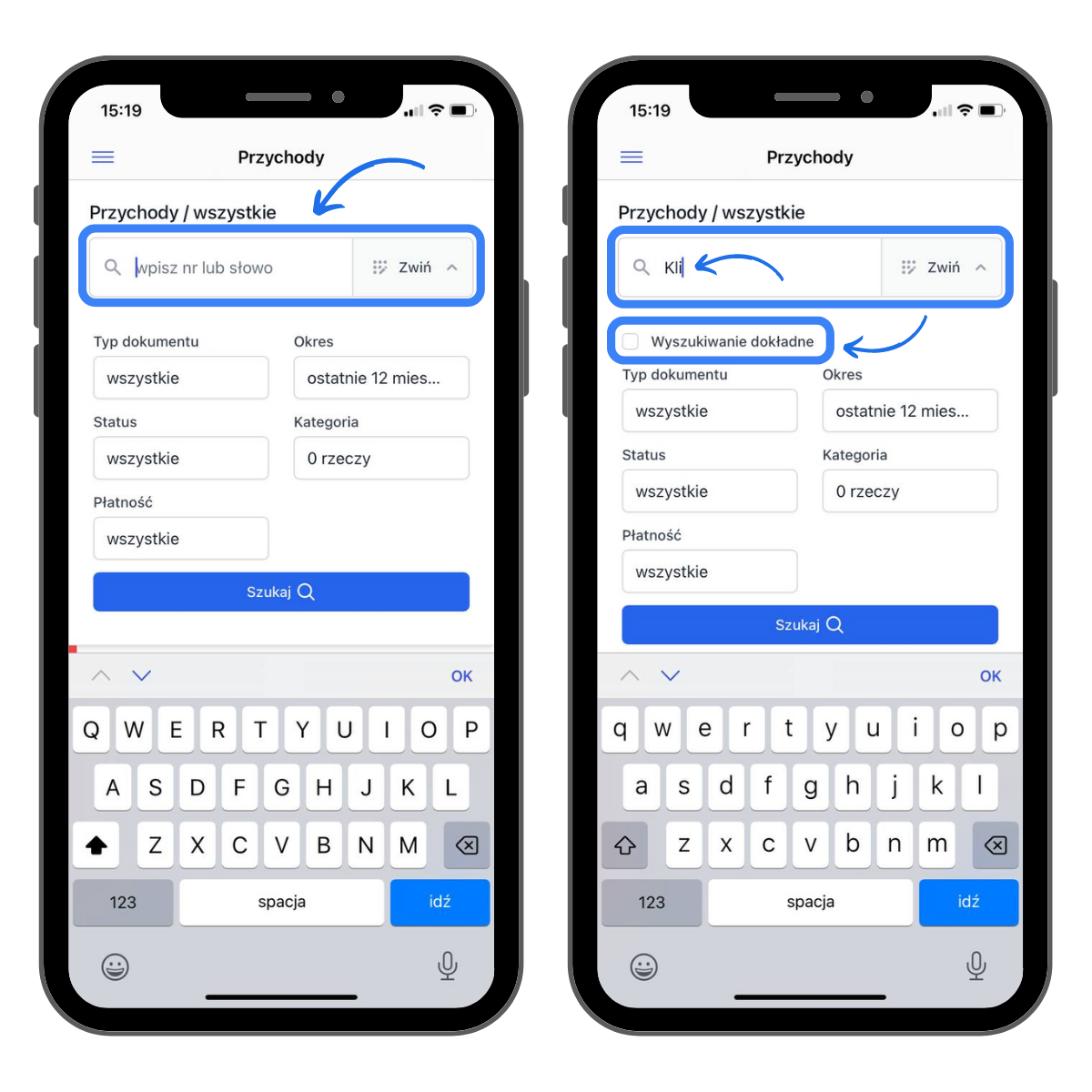 Ekran aplikacji Fakturownia – zaawansowane wyszukiwanie dokumentów z opcją wyszukiwania dokładnego i filtrowania wyników.