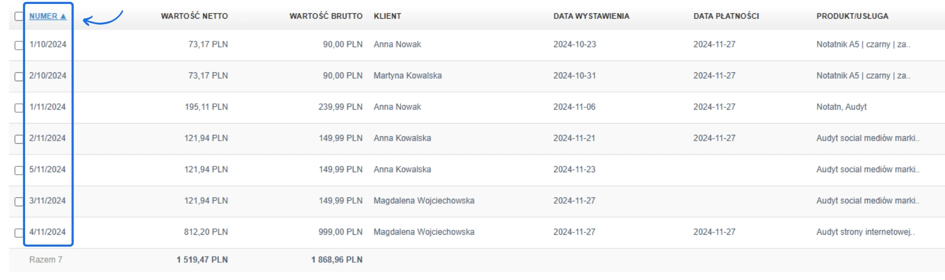 Lista faktur w systemie fakturowania posortowana rosnąco według kolumny 'Numer', z uwzględnieniem dat wystawienia i wartości netto.