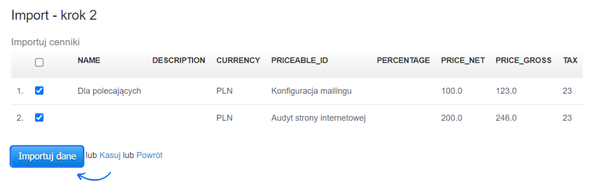 Import cenników - krok 2: Przykład danych do zaimportowania, w tym pozycje 'Konfiguracja mailingu' i 'Audyt strony internetowej', w systemie fakturowania.