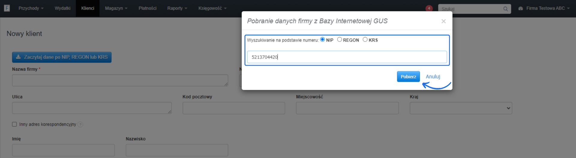 Formularz dodawania nowego klienta w Fakturowni z otwartym oknem do pobierania danych firmy z bazy internetowej GUS, z zaznaczonym przyciskiem 'Pobierz'.
