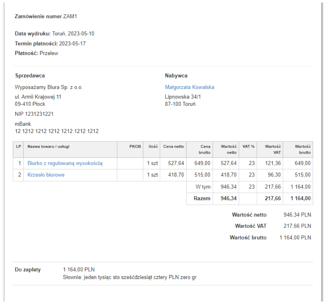 Podgląd zamówienia ZAM1 w systemie fakturowania, zawierający szczegóły zamówionych towarów, ceny netto i brutto, VAT oraz dane sprzedawcy i nabywcy.