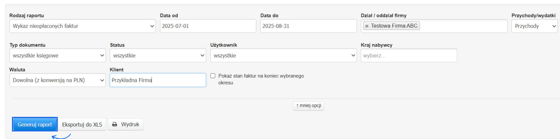 Widok parametrów określonych do generowania raportu wykaz nieopłaocnych faktur za lipiec i sierpień 2025 z aktywnym przyciskiem generuj raport.
