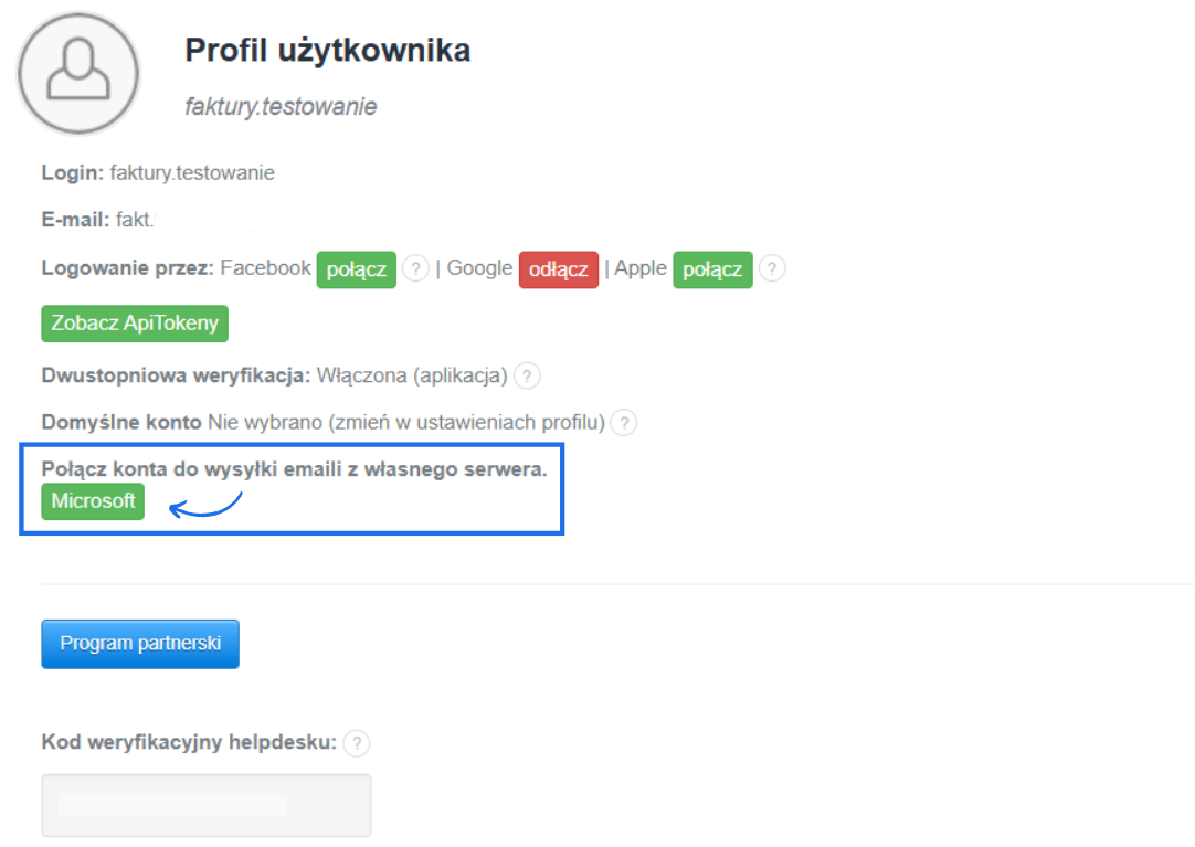 Opcja połączenia konta do wysyłki maili z własnego serwera z opcją do aktywowania Microsoft.