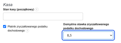 Sekcja Kasa z ustawieniem stanu początkowego i wyborem opcji płatnik zryczałtowanego podatku dochodowego wraz z ustawieniem domyślnej stawki zryczałtowanego podatku dochodowego.