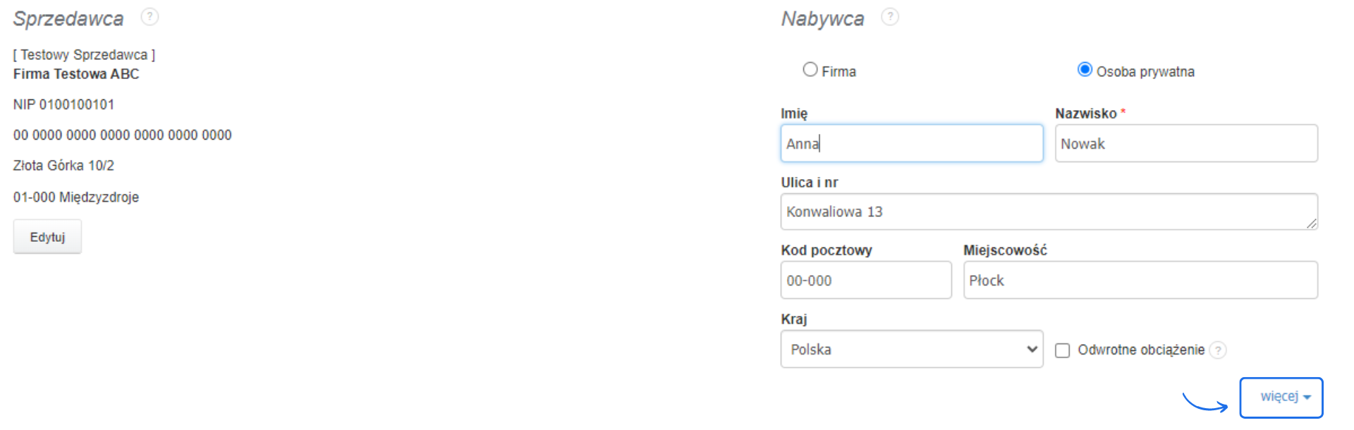 Formularz danych nabywcy z informacjami: imię Anna, nazwisko Nowak, ulica Konwaliowa 13, miasto Płock, kod pocztowy 00-000, kraj Polska.