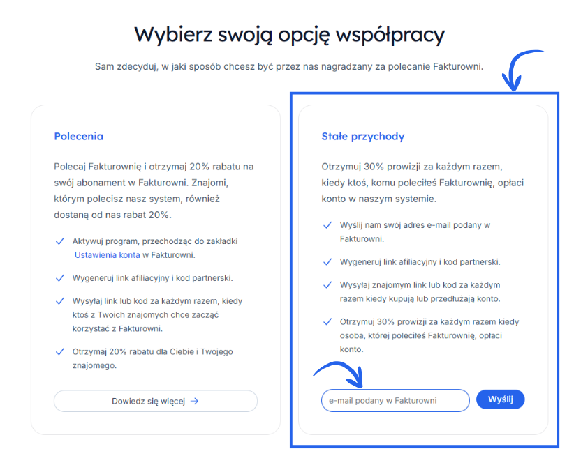 Plansza wyboru opcji współpracy w Fakturowni: po lewej polecenia z 20% rabatem, po prawej stałe przychody z 30% prowizją za polecenia.