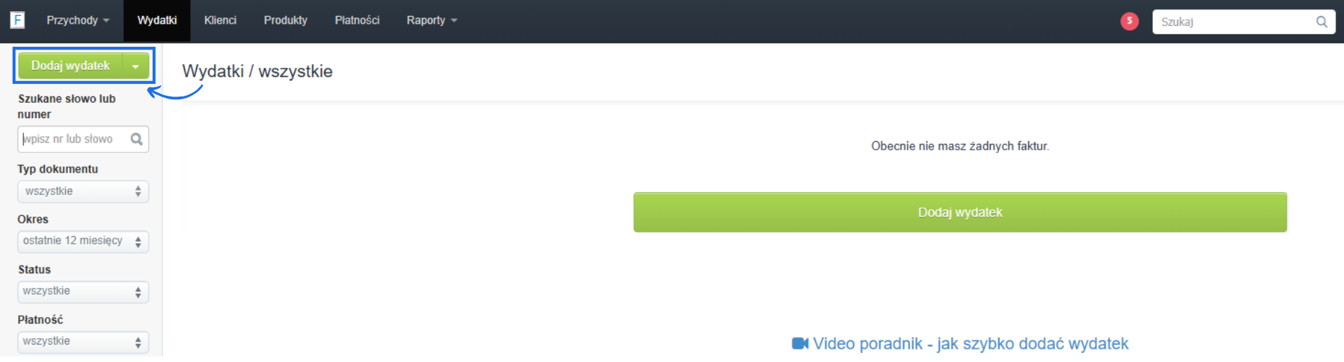 Przycisk pozwalający dodać fakturę kosztową w dedykowanej zakładce wydatki systemu Fakturownia.