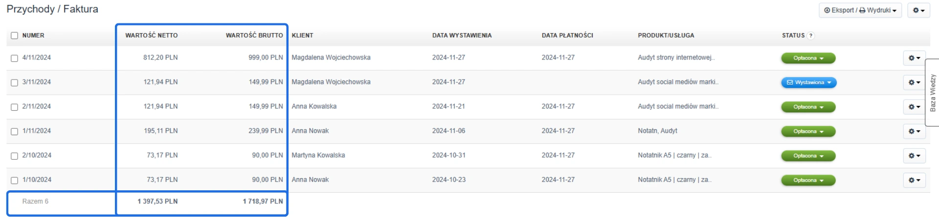 Lista faktur w module przychody z podsumowaniem wartości netto i brutto dla wszystkich dokumentów oraz statusami płatności.