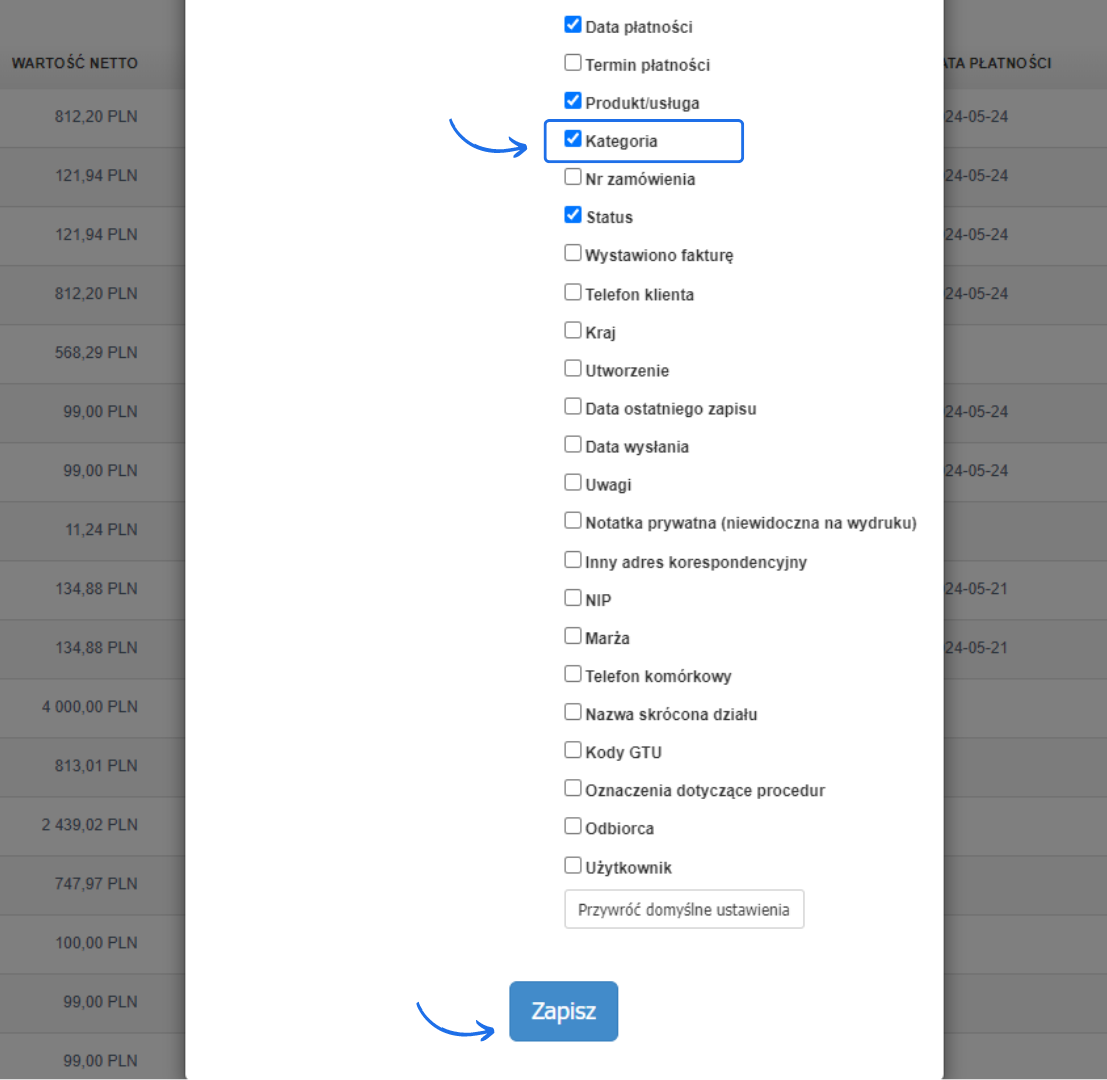 Menu dostosowywania wyświetlania kolumn w Fakturowni, z zaznaczonymi opcjami 'Produkt/usługa' i 'Kategoria' oraz przyciskiem 'Zapisz' na dole.