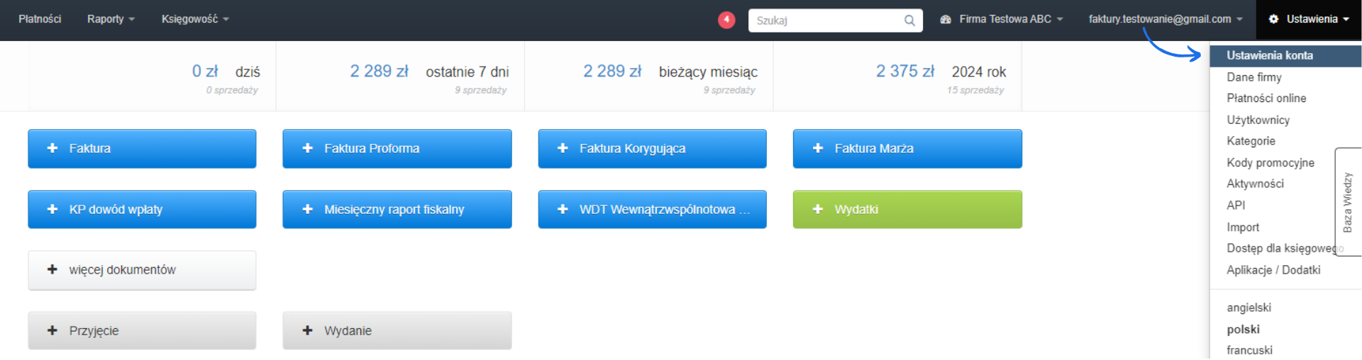 Panel zarządzania fakturami i płatnościami z rozwiniętym menu ustawień konta.