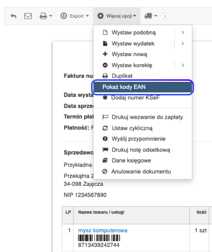 Podgląd faktury w systemie Fakturownia z wybraną opcją Pokaż kody EAN w menu więcej opcji