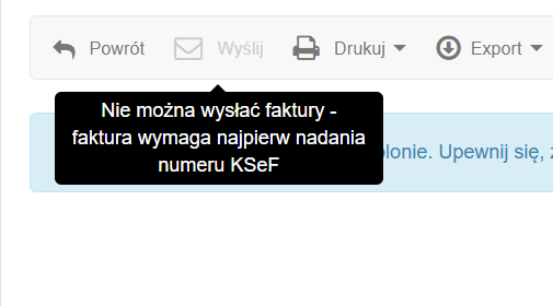 Komunikat o błędzie podczas wysyłania faktury – brak nadanego numeru KSeF w systemie Fakturownia.