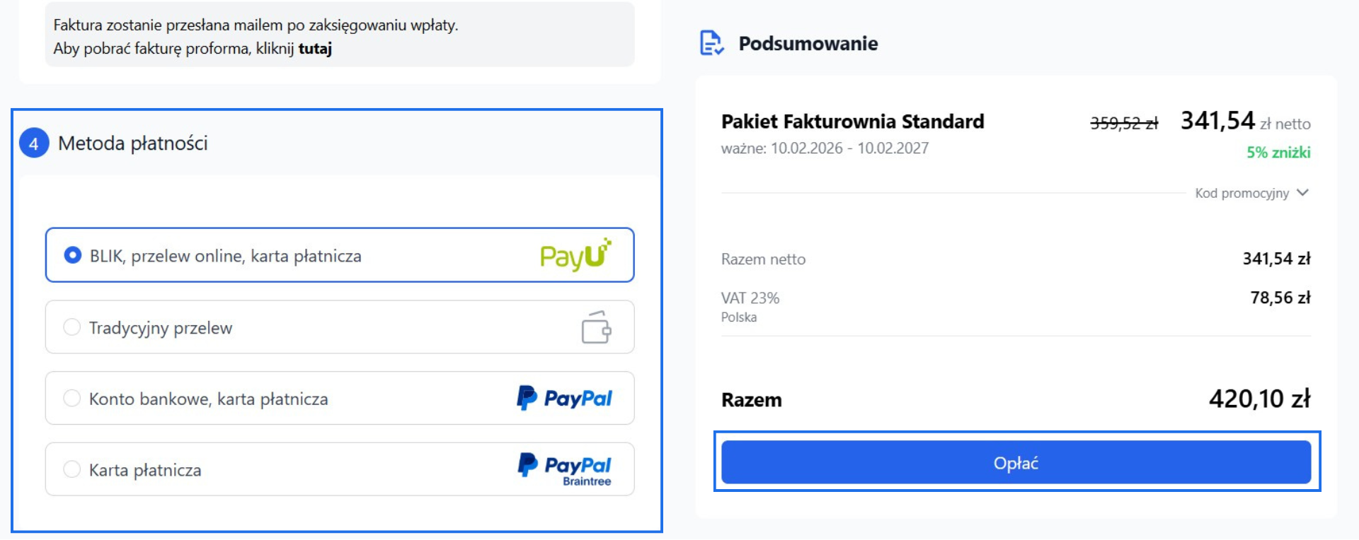 Formularz płatności w systemie Fakturownia z podsumowaniem zamówienia oraz możliwością wyboru formy płatności spośród PayU, tradycyjnego przelewu lub karty płatniczej.