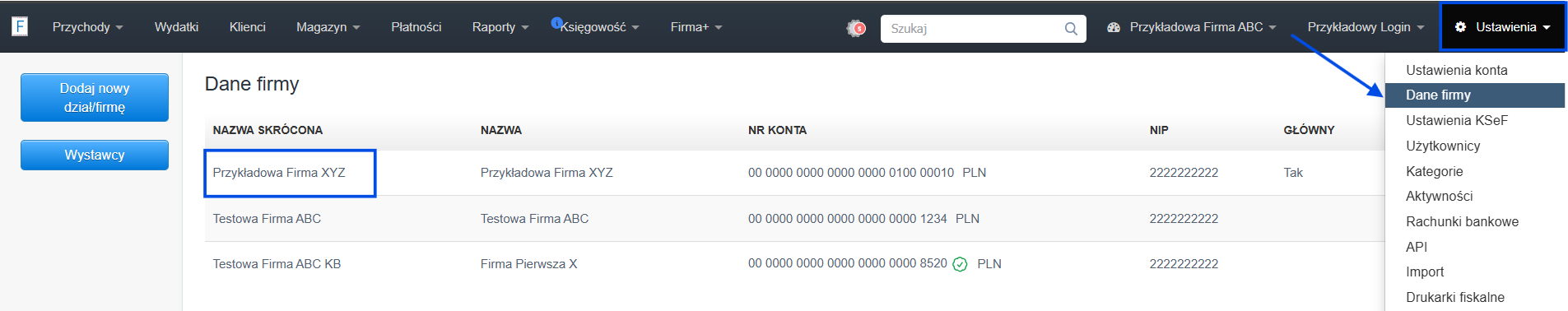 Lista firm i działów na koncie w Fakturowni z opcją edycji ustawień poprzez kliknięcie nazwy. 