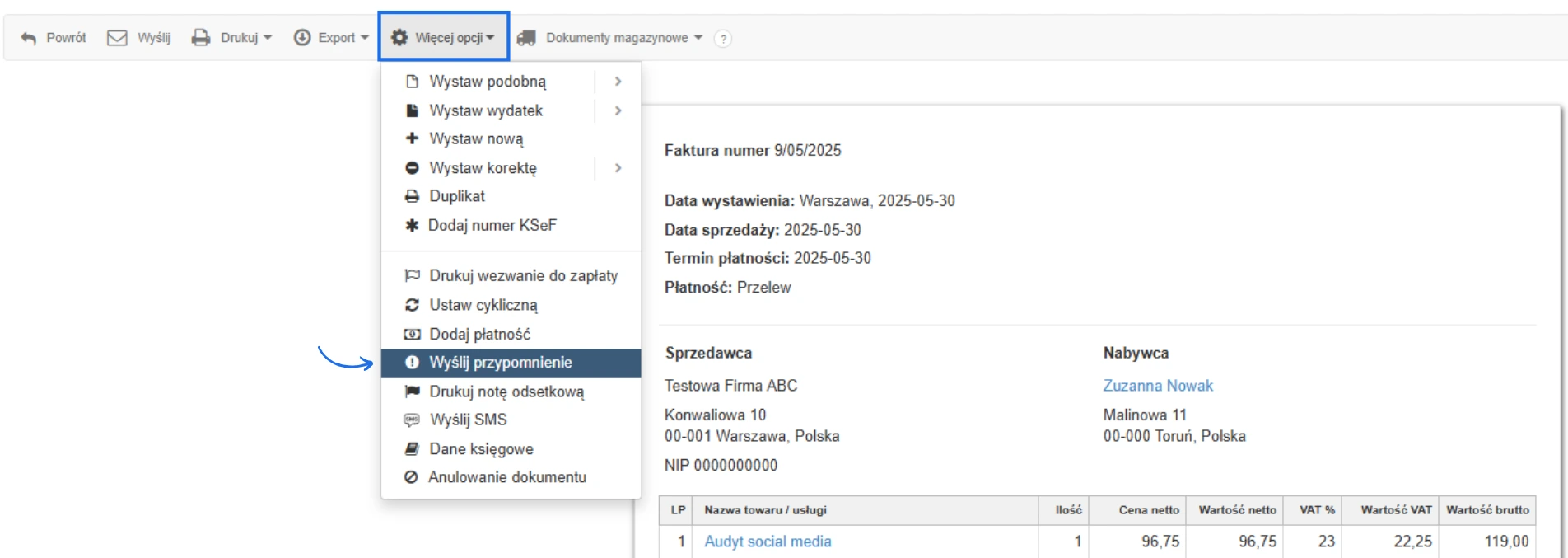 Menu „Więcej opcji” z wybraną funkcją „Wyślij przypomnienie” dla faktury numer 9/05/2025 o wartości brutto 119,00 PLN.