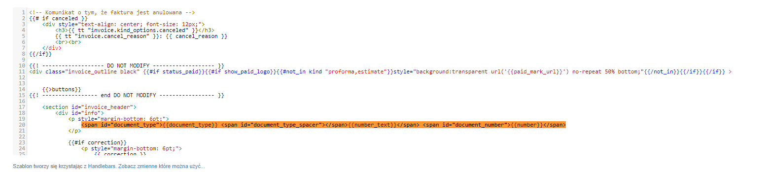 Zrzut ekranu przedstawiający fragment kodu szablonu faktury w programie Fakturownia z użyciem Handlebars, z wyróżnioną sekcją kodu zawierającą ID document_type.