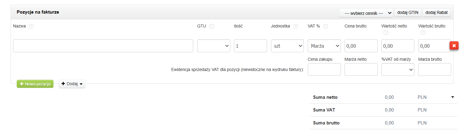 Formularz faktury VAT marża z ewidencją sprzedaży VAT dla pozycji.