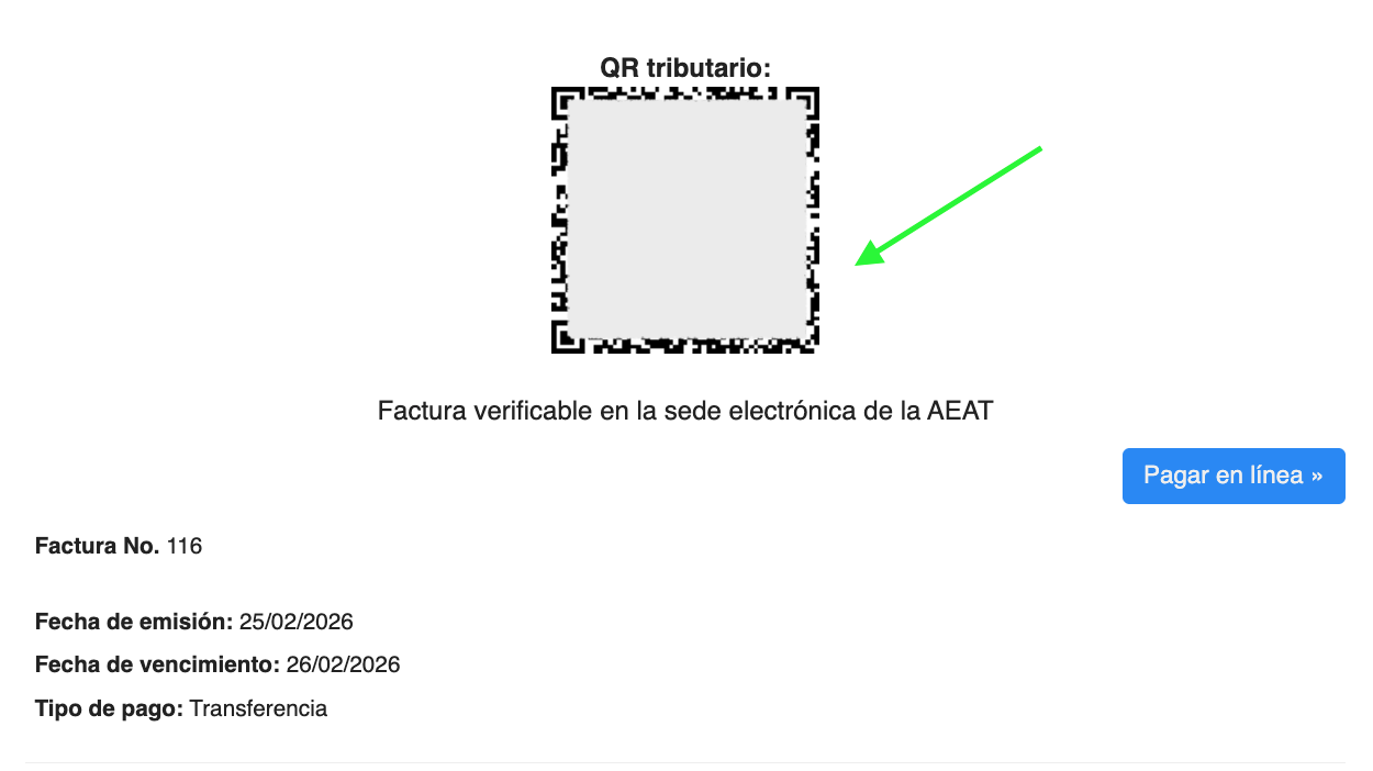 Kod QR Verifactu na fakturze z widocznym rozmiarem i umiejscowieniem
