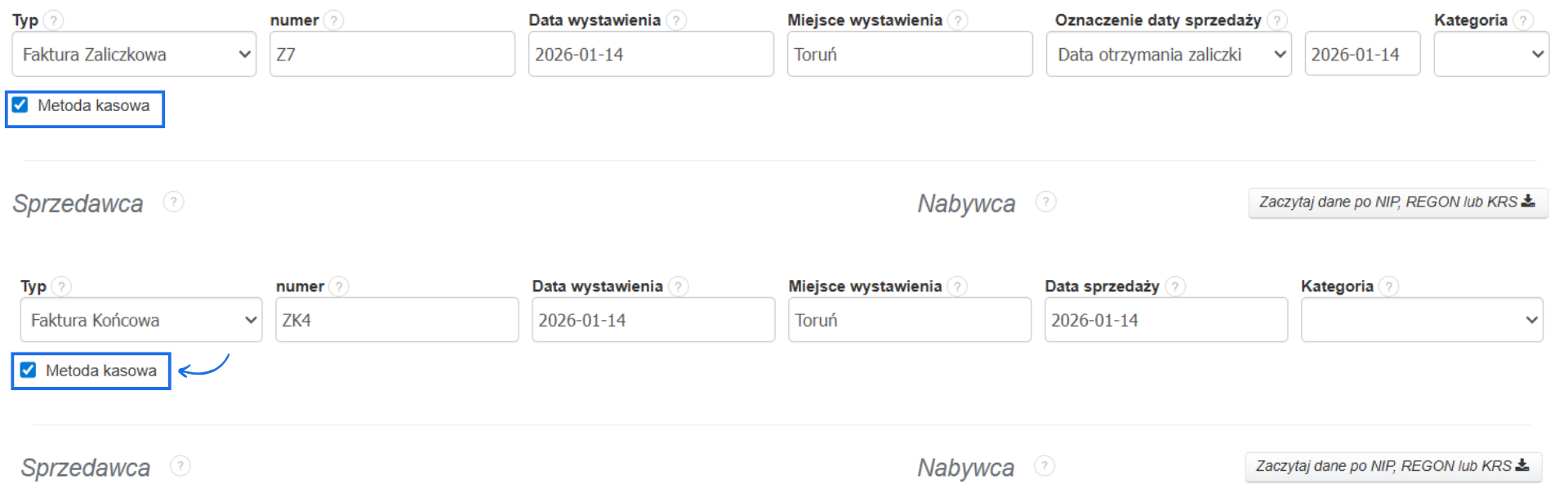 Formularze tworzenia faktury zaliczkowej i końcowej z dostępnym do zaznaczenia checkboxem metoda kasowa.
