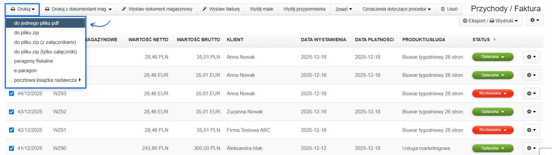 Lista faktur sprzedażowych z aktywną opcją drukuj i możliwością eksportu danych do jednego pliku PDF.