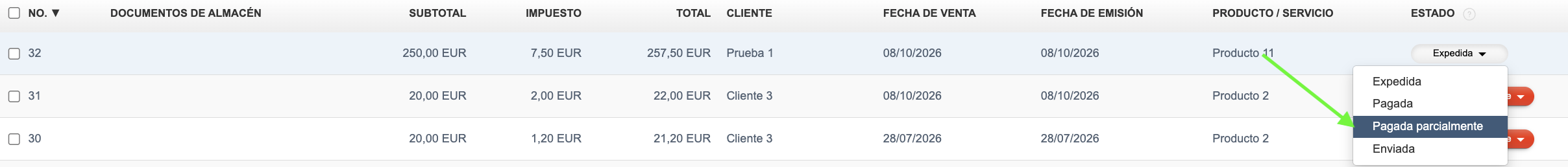 Cambio del estado de la factura a Pagada parcialmente desde la lista de facturas