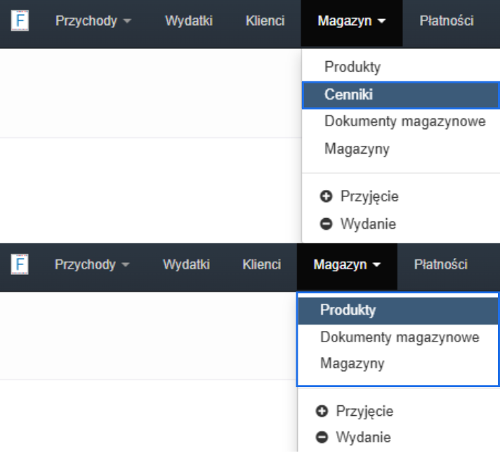Porównanie widoku menu magazynowego z widoczną zakładką "Cenniki" i bez niej — efekt ograniczenia dostępu do edycji cenników.