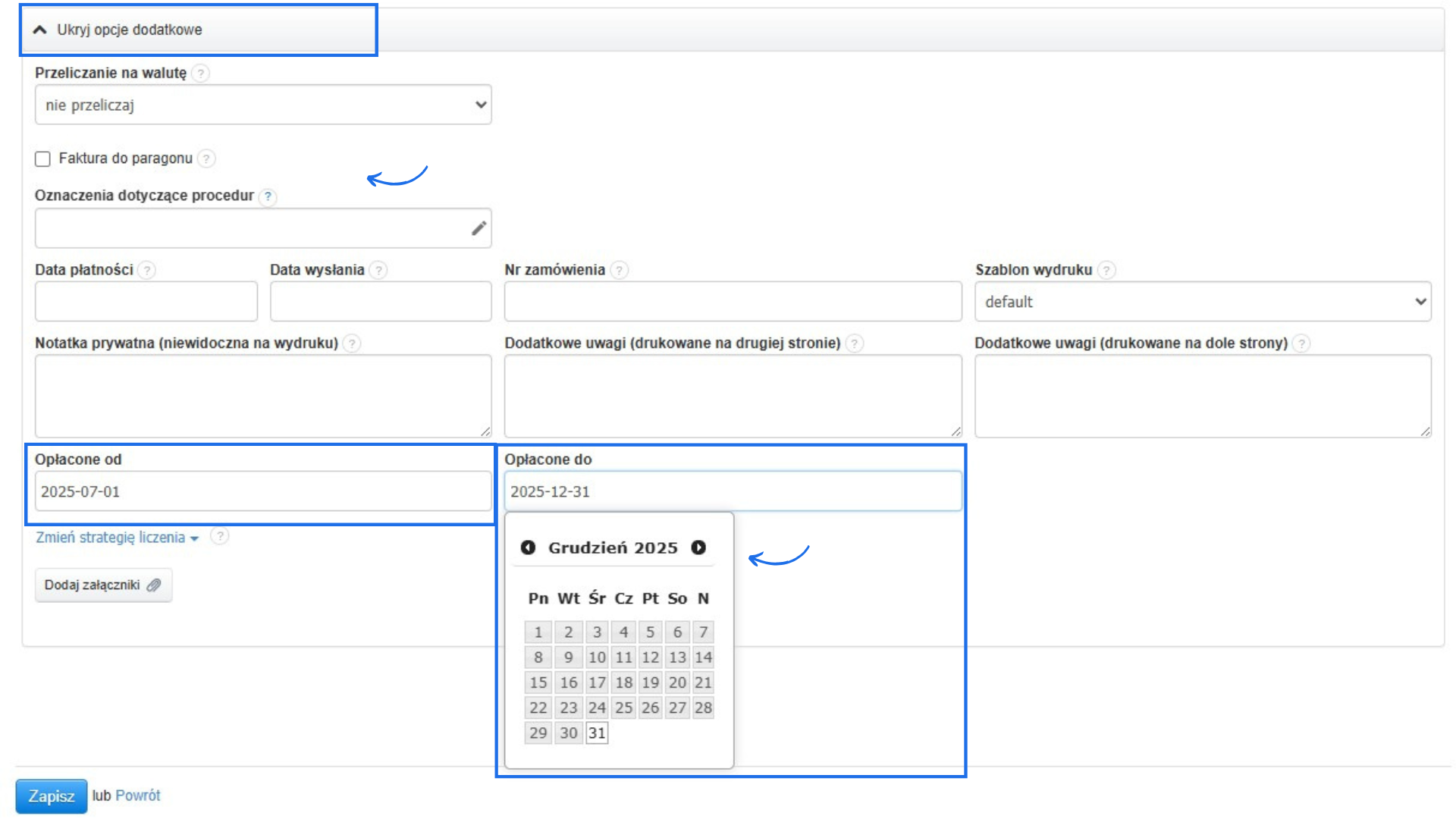 Dedykowane pole do określenia dat grancznych - opłacone od i opłacone do w formularzy tworzenia faktury w systemie do fakturowania.