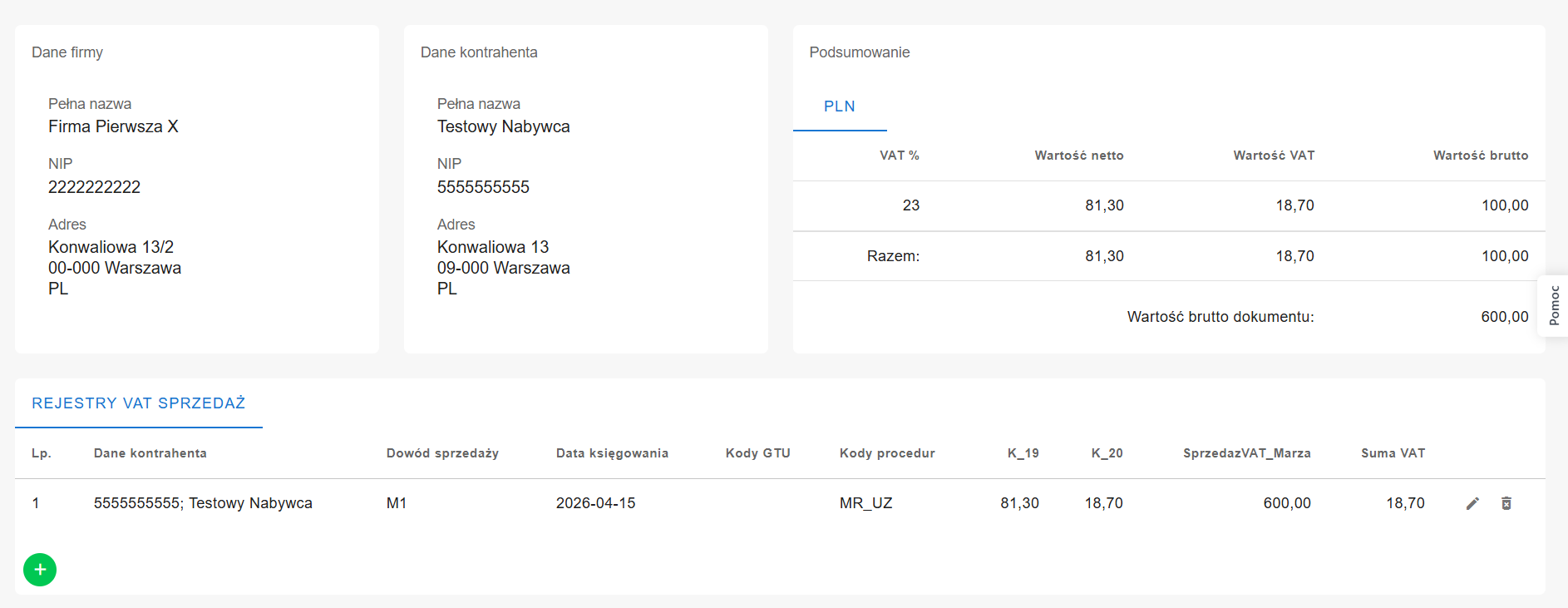 Dane księgowe faktury sprzedażowej VAT marża.
