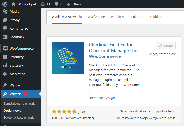 Ekran WordPress z wyświetlonym wynikiem wyszukiwania wtyczki 'Checkout Field Editor (Checkout Manager) for WooCommerce'.