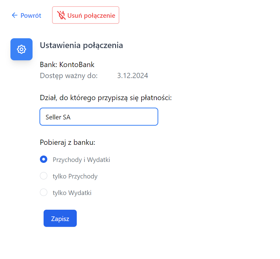 Ustawienia połączenia bankowego w systemie Fakturownia, pokazujące szczegóły połączenia z Kontobankiem, wybór działu oraz zakres pobierania danych.
