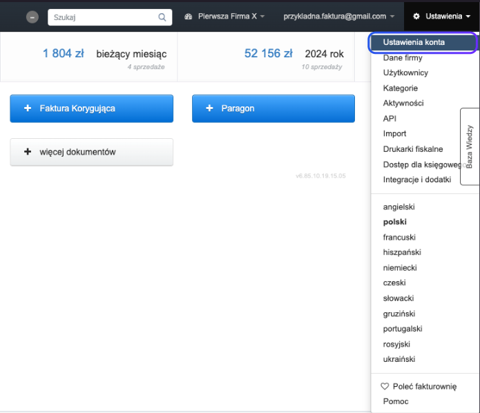 Panel ustawień konta z ustawieniami językowymi w systemie fakturownia oraz widocznymi opcjami na głównym panelu programu do wystawienia faktur korygujących i paragonów