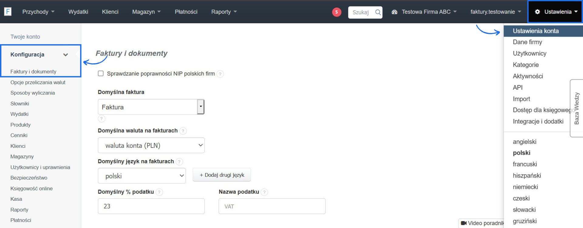Ustawienia konta w systemie do wystawiania faktur z możliwością konfiguracji szczegółowych ustawień dla faktur i innych dokumentów.