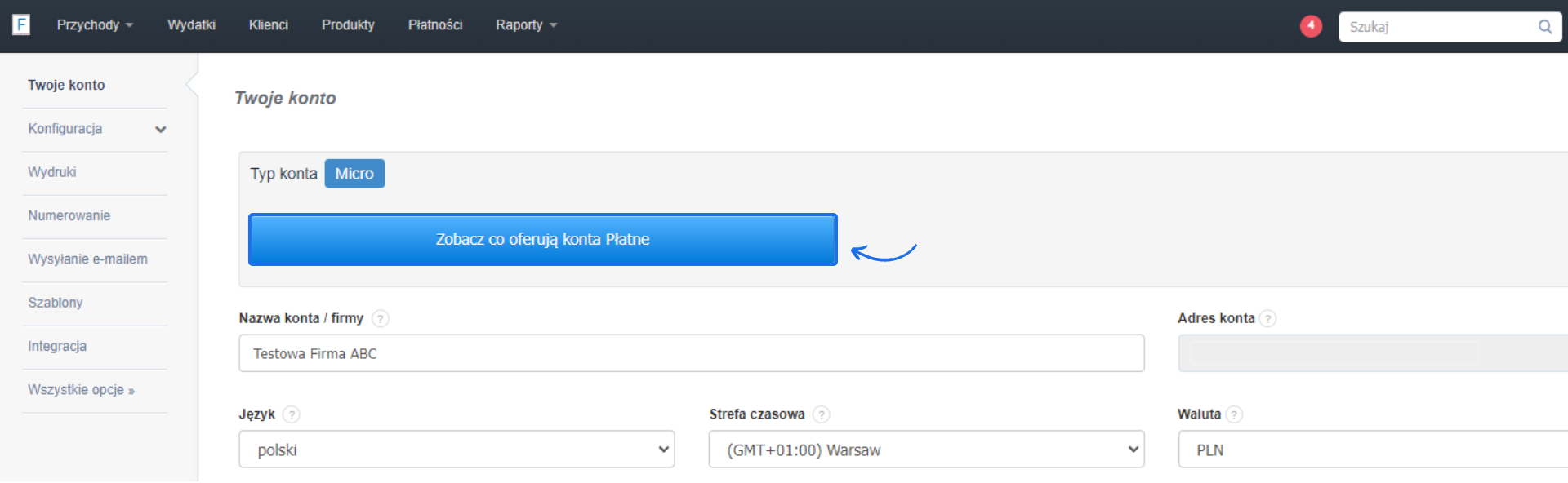 Ekran ustawień konta pokazujący opcję 'Zobacz co oferują konta Płatne' przy aktywnym planie Micro, z wybraną firmą.