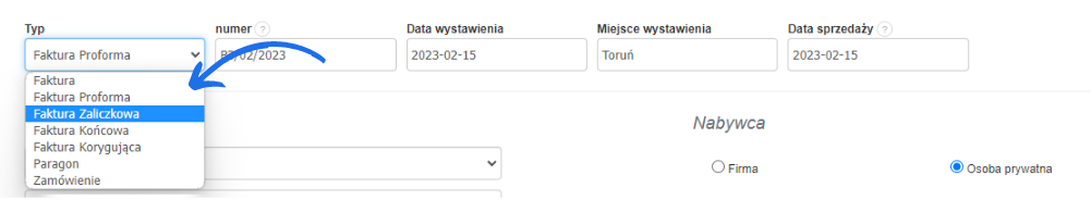Menu wyboru typu dokumentu z rozwiniętą listą, pokazującą opcje takie jak Faktura, Faktura Proforma, Faktura Zaliczkowa, Faktura Końcowa, Paragon, Zamówienie.