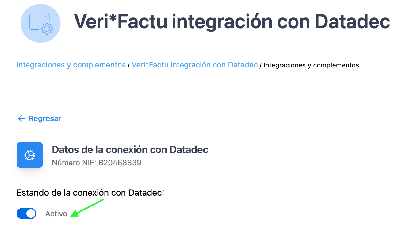 Ventana de datos de conexión mostrando el estado activo del NIF en la integración Verifactu con Datadec