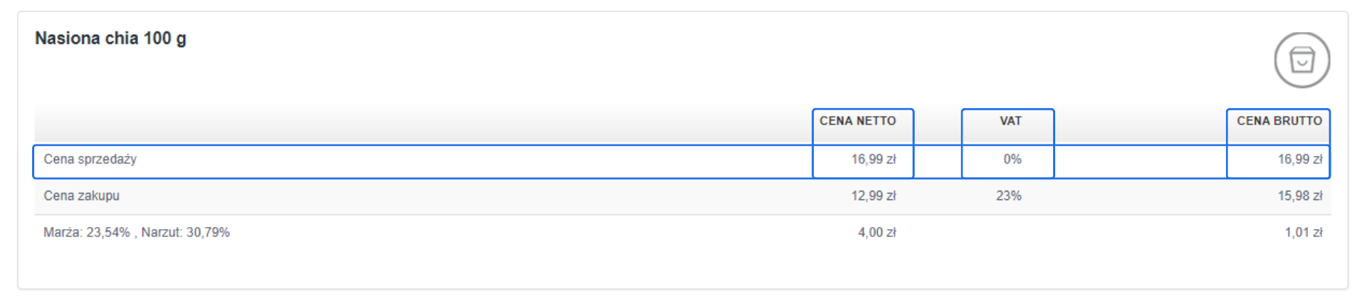 Zrzut ekranu przedstawiający szczegóły produktu 'Nasiona chia 100 g' z ceną sprzedaży 16,99 zł, ceną zakupu 12,99 zł, marżą 23,54%, narzutem 30,79%, oraz stawką VAT 0%.