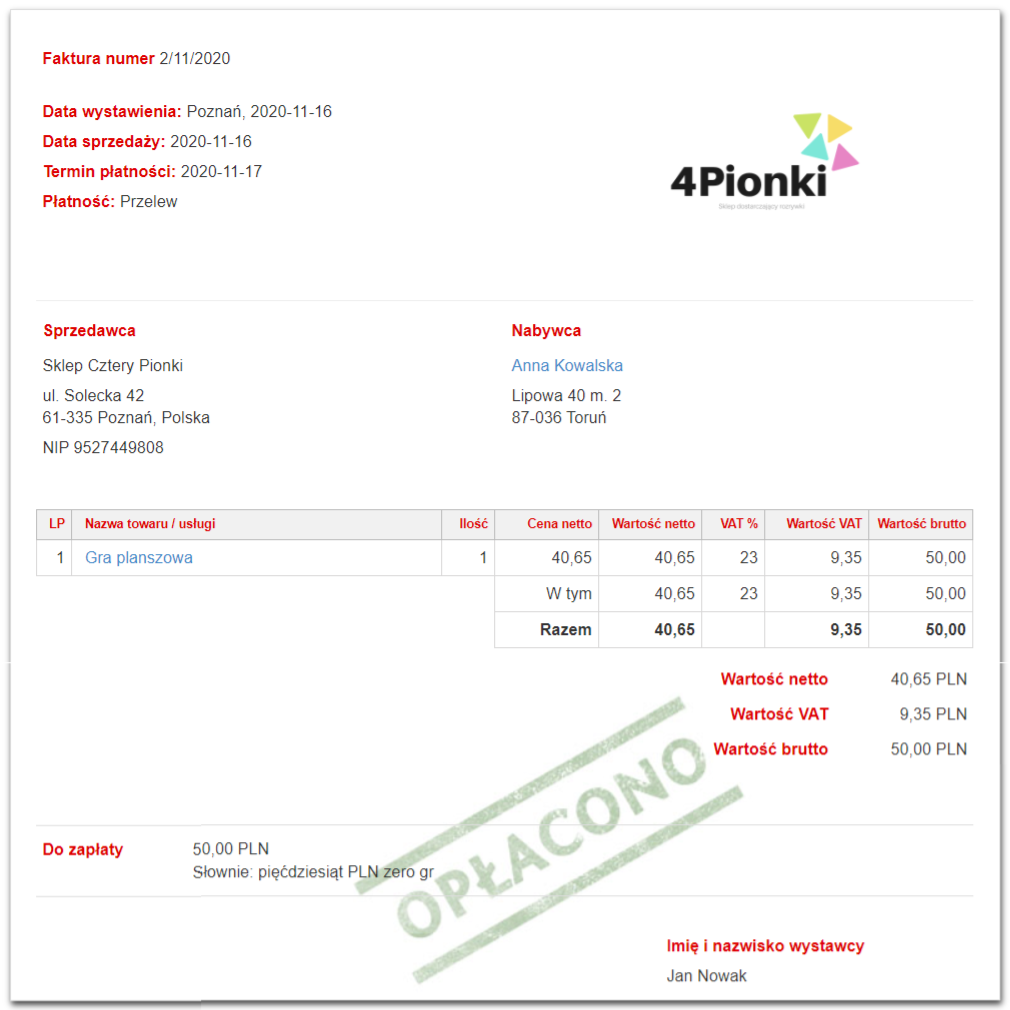 faktura w szablonie blue