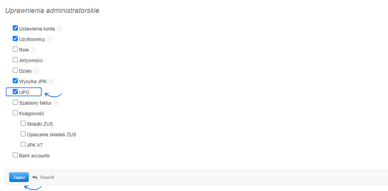 Uprawnienia administracyjne w systemie księgowym – zaznaczone opcje UPO, wysyłka JPK i użytkownicy.