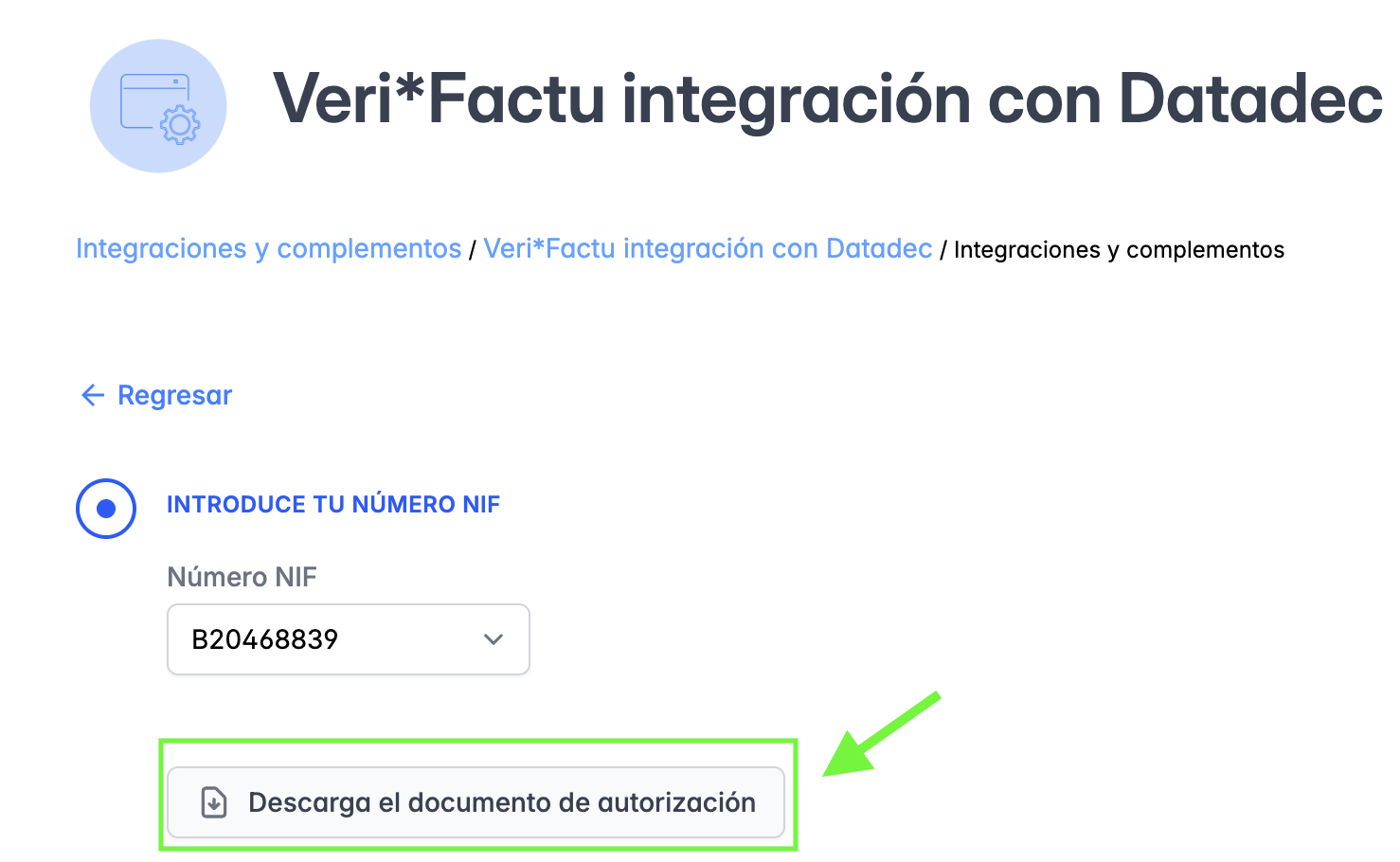Opción para descargar el documento de autorización PDF en la configuración de la integración Verifactu