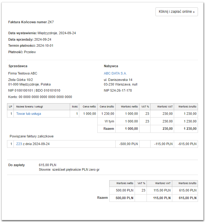 Podgląd dokumentu faktura końcowa