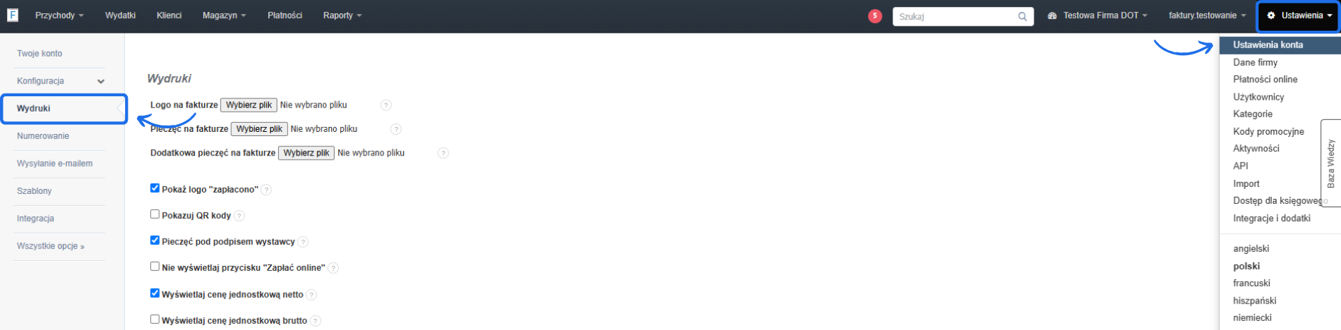 Ustawienia wydruku faktur – opcje dodania logo, pieczęci, QR kodów i formatowania ceny jednostkowej netto/brutto.