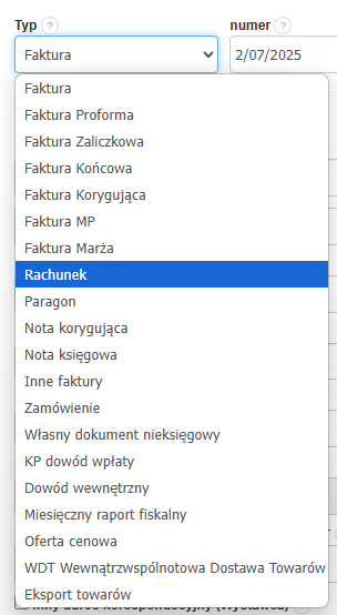 Lista typów dokumentów z rozwijanego menu, z zaznaczoną opcją Faktura w systemie sprzedażowym