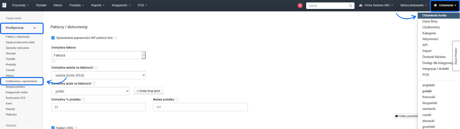 Panel ustawień konta w systemie fakturowym z zaznaczonymi sekcjami 'Konfiguracja' i 'Użytkownicy i uprawnienia'.