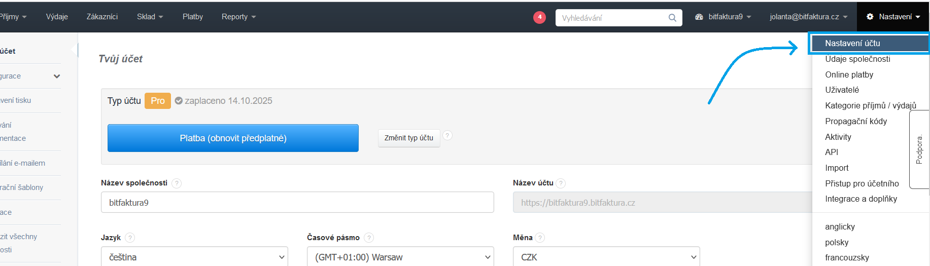 Zmena tarifu - Tvuj ucet
