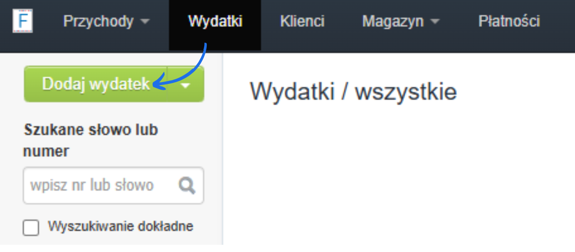 interfejs systemu Fakturownia z zaznaczoną opcją „Dodaj wydatek” w zakładce „Wydatki / wszystkie”.