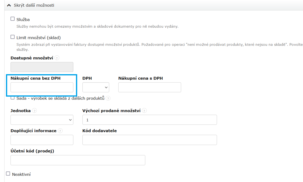 Nakupni cena bez DPH